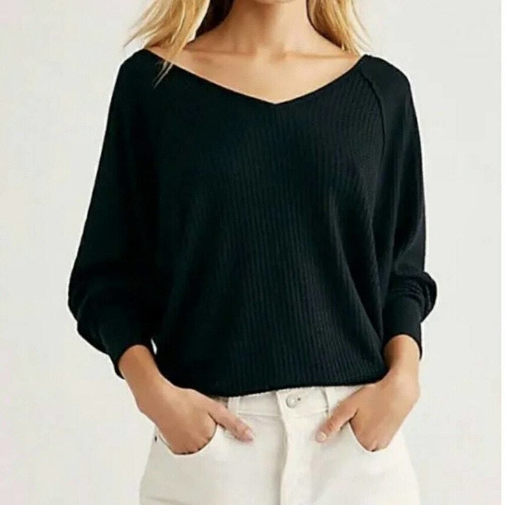 Free People Santa Clara Thermal Top Shirt Black Slouchy V-Neck M New